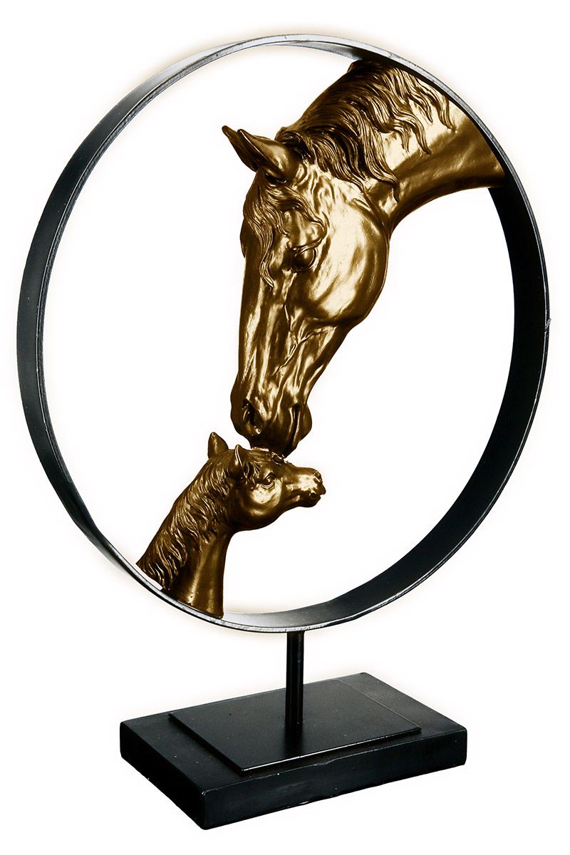 Sculptuur paard moeder koperkleurig in zwart metalen ring