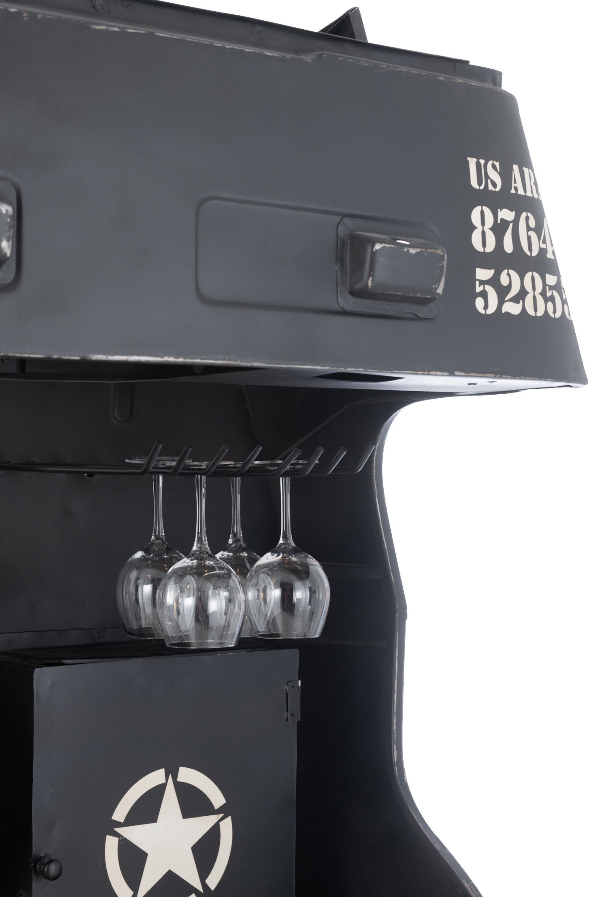 Handgefertigte Bar Lkw Front US ARMY aus Metall/Mango Holz - Ein Unikat mit Weinregalen und Beleuchtung