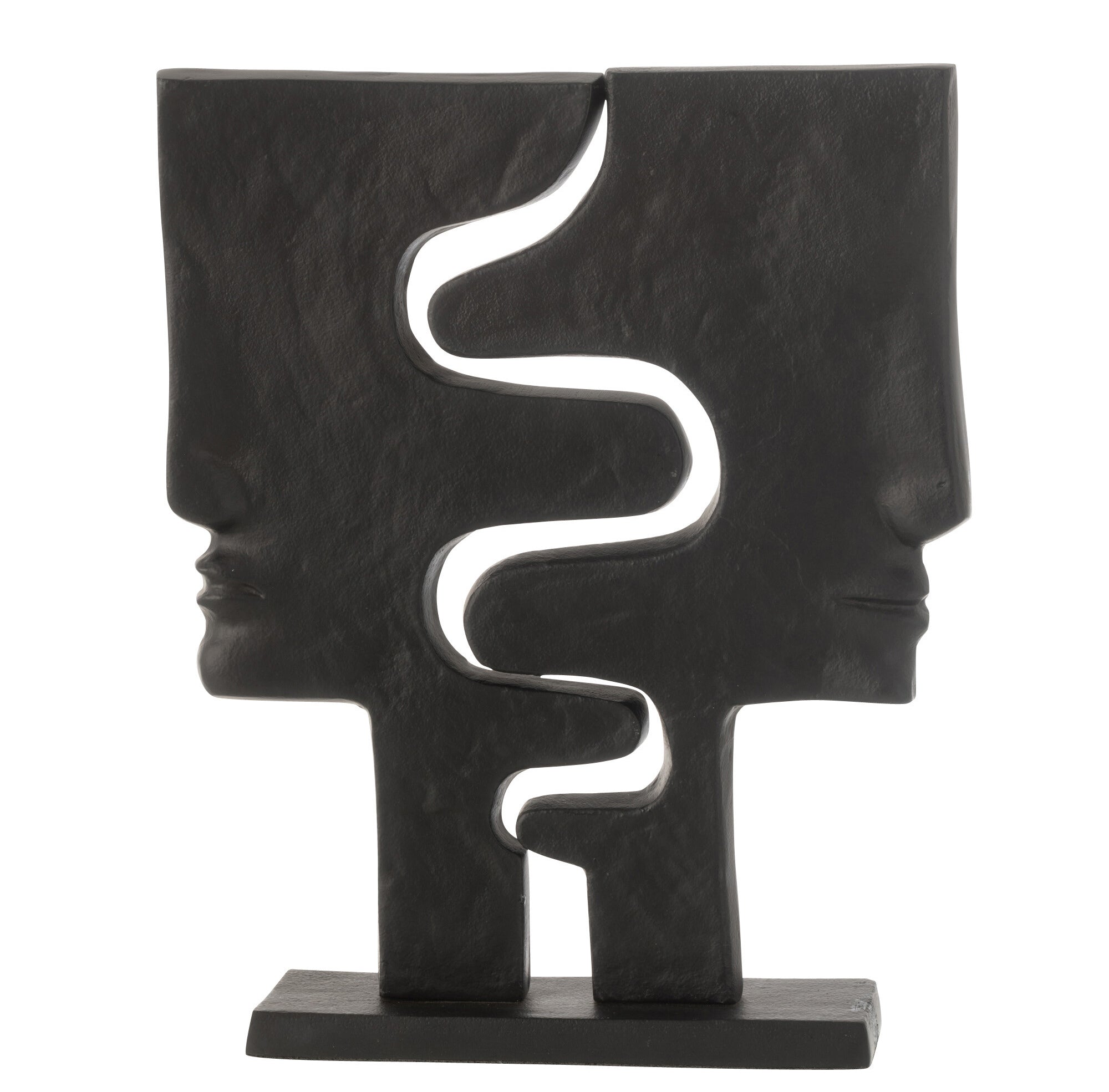 Abstract aluminum figure with two faces on a black base