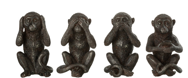 Vier Affenfiguren Höre, sehe, sage nichts Böses und chatte stilvoll