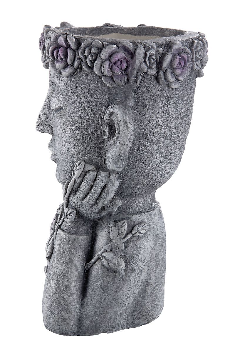 Magnesi Pflanzbüste Florina zementfarben mit Blumenkranz für den Außenbereich