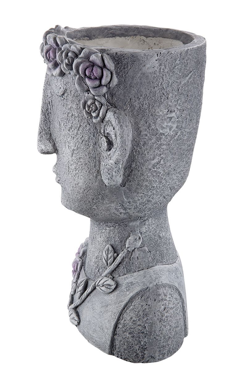 Magnesi Pflanzbüste Florian zementfarben mit Blumenkranz für den Außenbereich