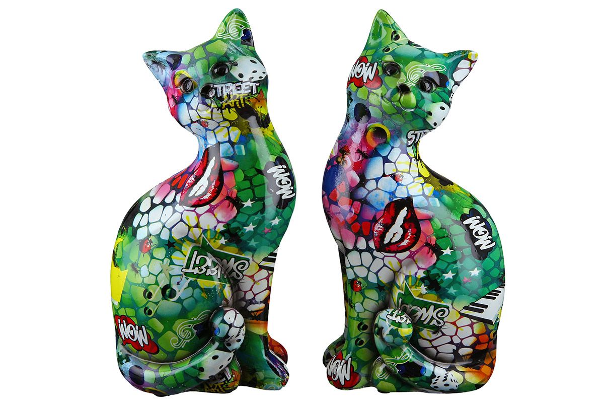 2tlg. Poly sitzende Katze Street Art bunt Artist Höhe 27cm