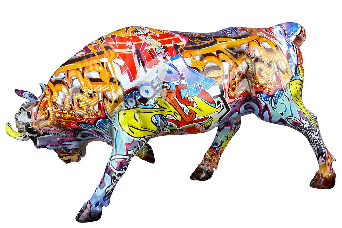 Bunter Stier in Graffiti-Optik: Einzigartige Skulptur aus Kunstharz