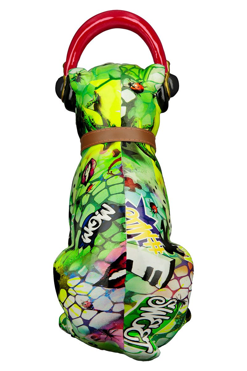 Figur Bulldoge in Street Art sitzend mehrfarbig Artist mit Kopfhörer und Halsband mit Glocke