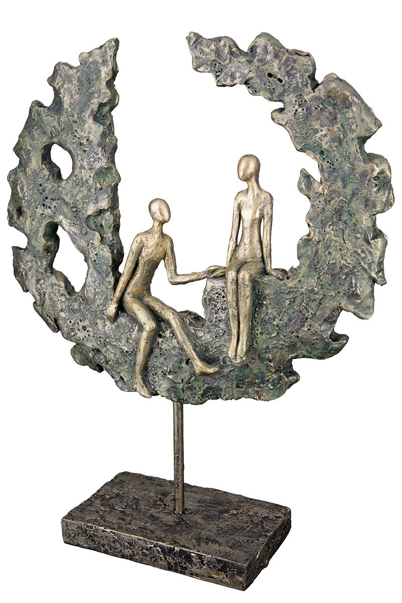 Handgefertigte Poly Skulptur "Hold Your Hand" - Liebendes Paar im Ring, Grün/Antik Goldfarben