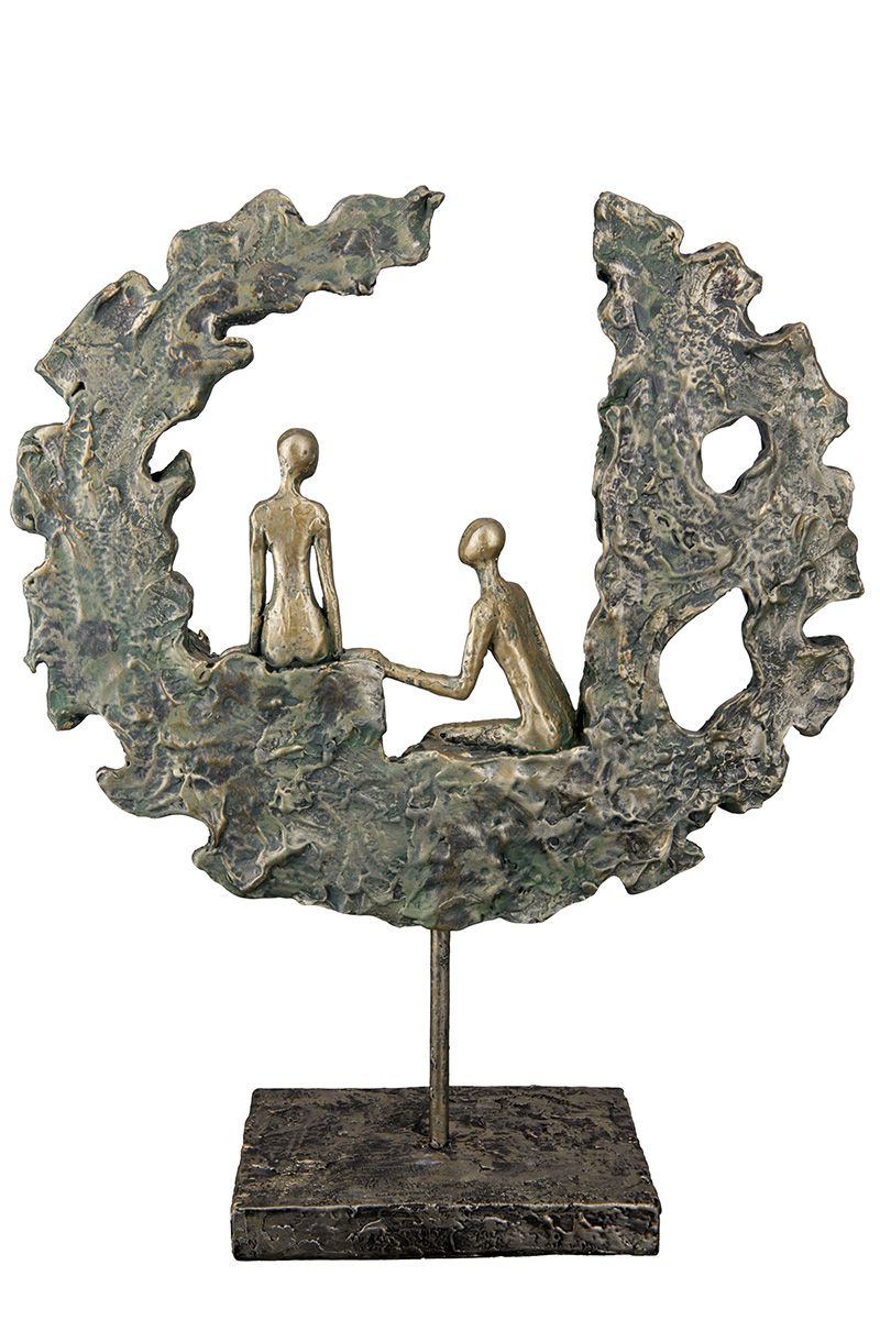 Handgefertigte Poly Skulptur "Hold Your Hand" - Liebendes Paar im Ring, Grün/Antik Goldfarben