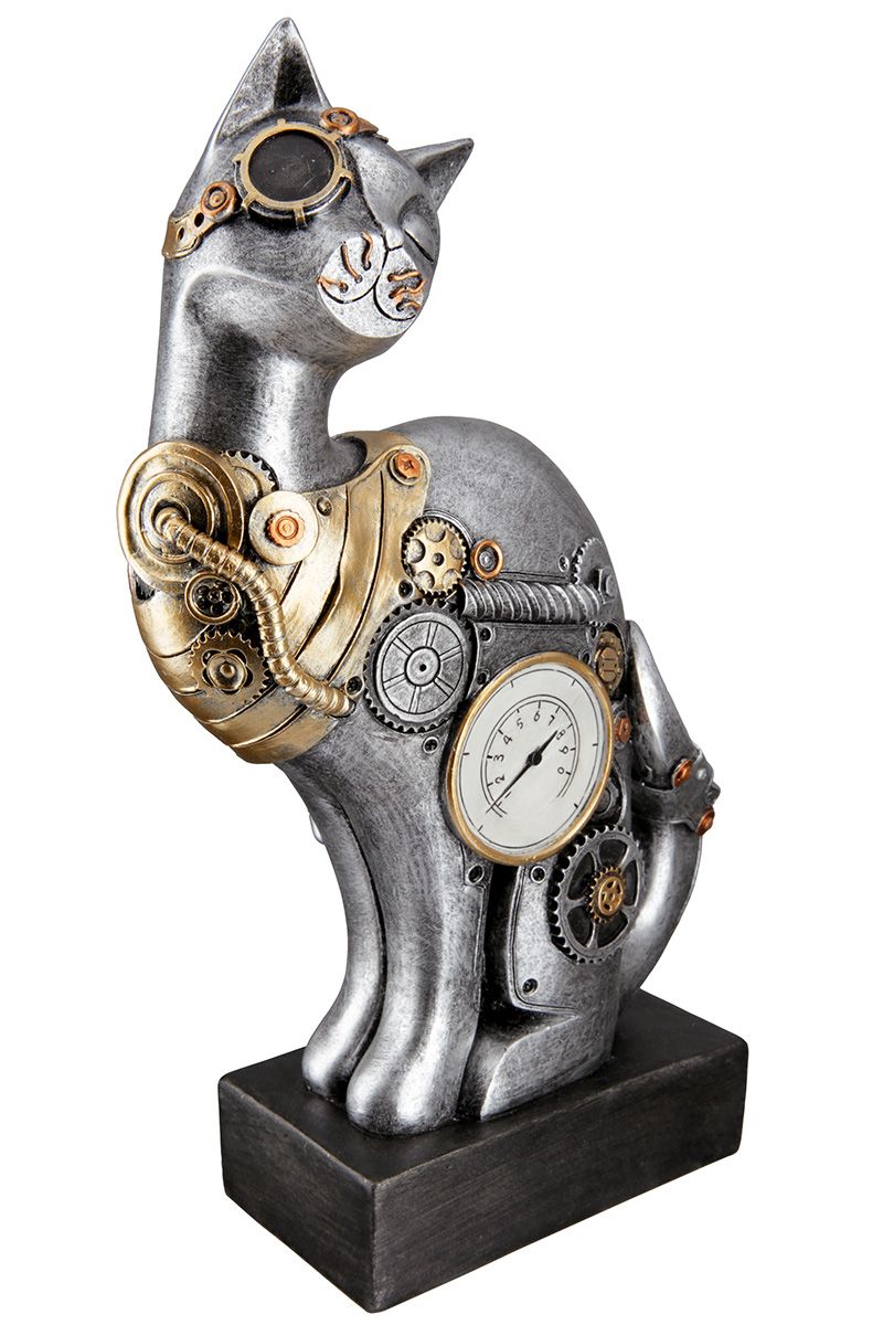Steampunk Cat Skulptur - Antik Silberfarben mit Kupferfarbenen Elementen auf Sockel