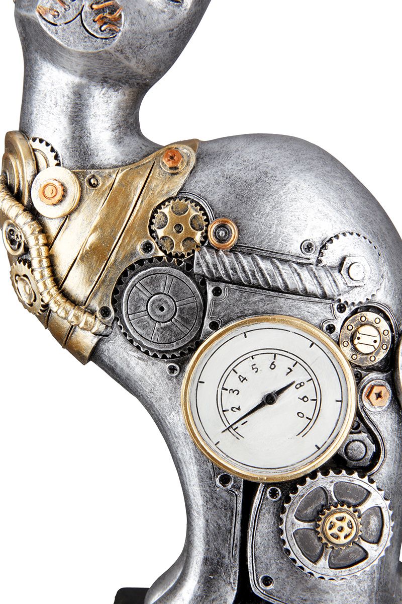 Steampunk Cat Skulptur - Antik Silberfarben mit Kupferfarbenen Elementen auf Sockel