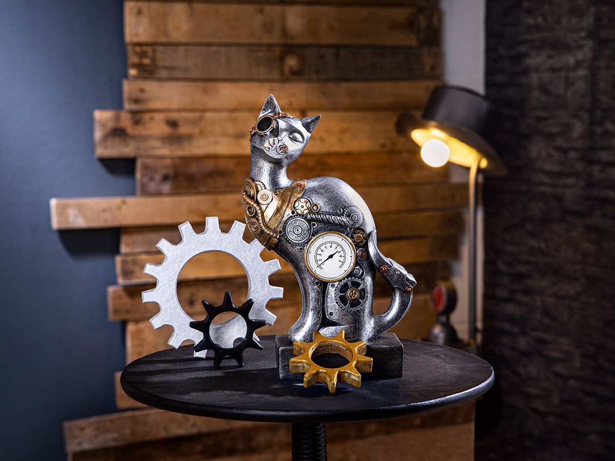Steampunk Cat Skulptur - Antik Silberfarben mit Kupferfarbenen Elementen auf Sockel