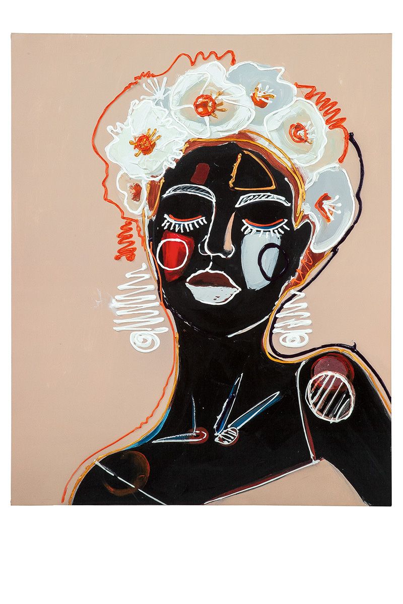 Bild Afrikanischer Kopfschmuck beige/grau/schwarz/weiß, auf Leinwand 100cm