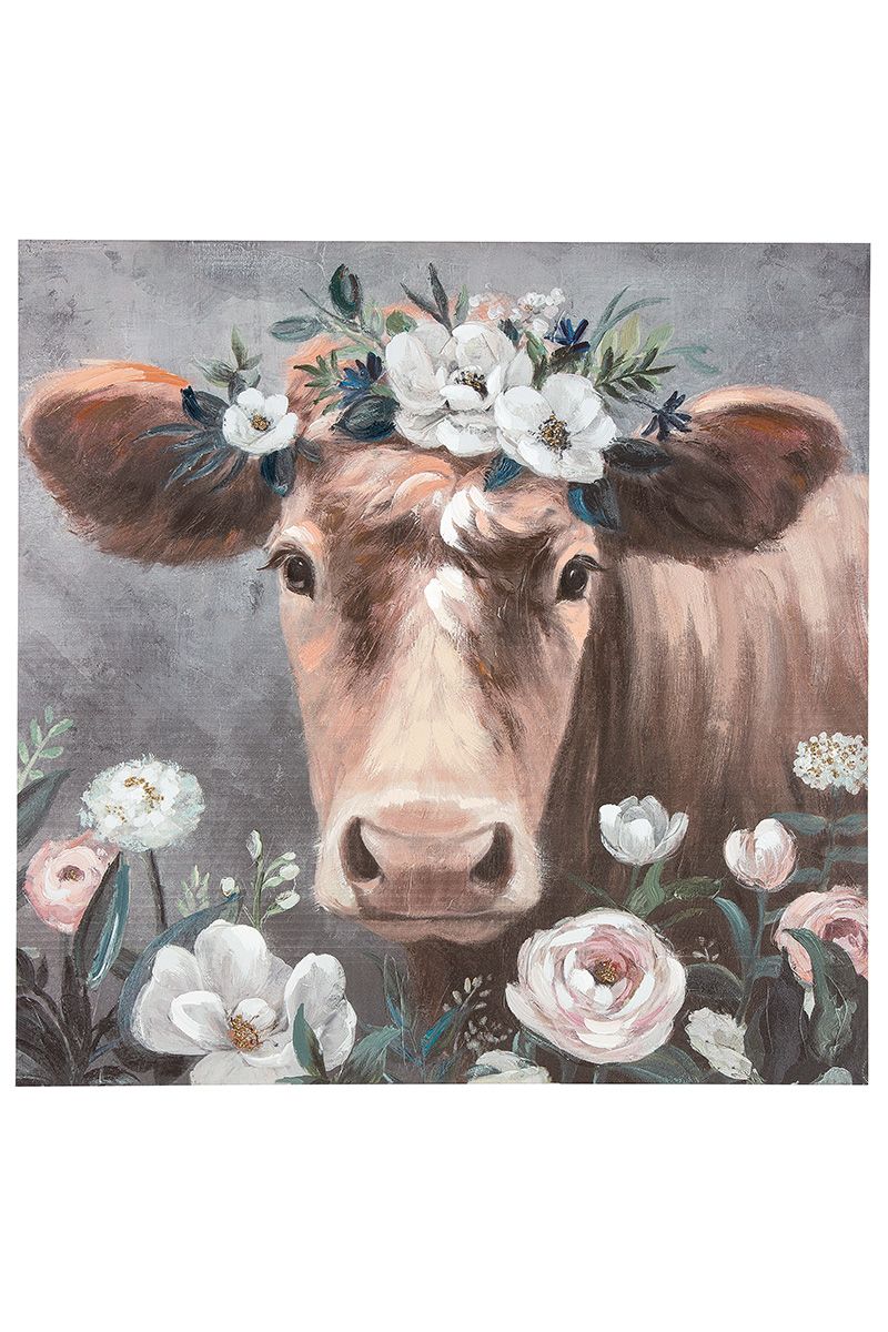 Leinwandbild Blumenkuh Handbemalt Braun Grau Weiß 90x90 cm