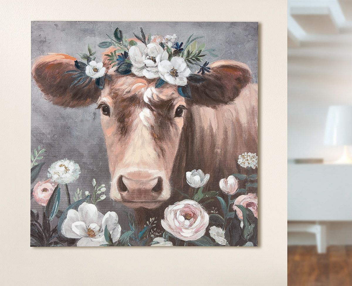 Leinwandbild Blumenkuh Handbemalt Braun Grau Weiß 90x90 cm