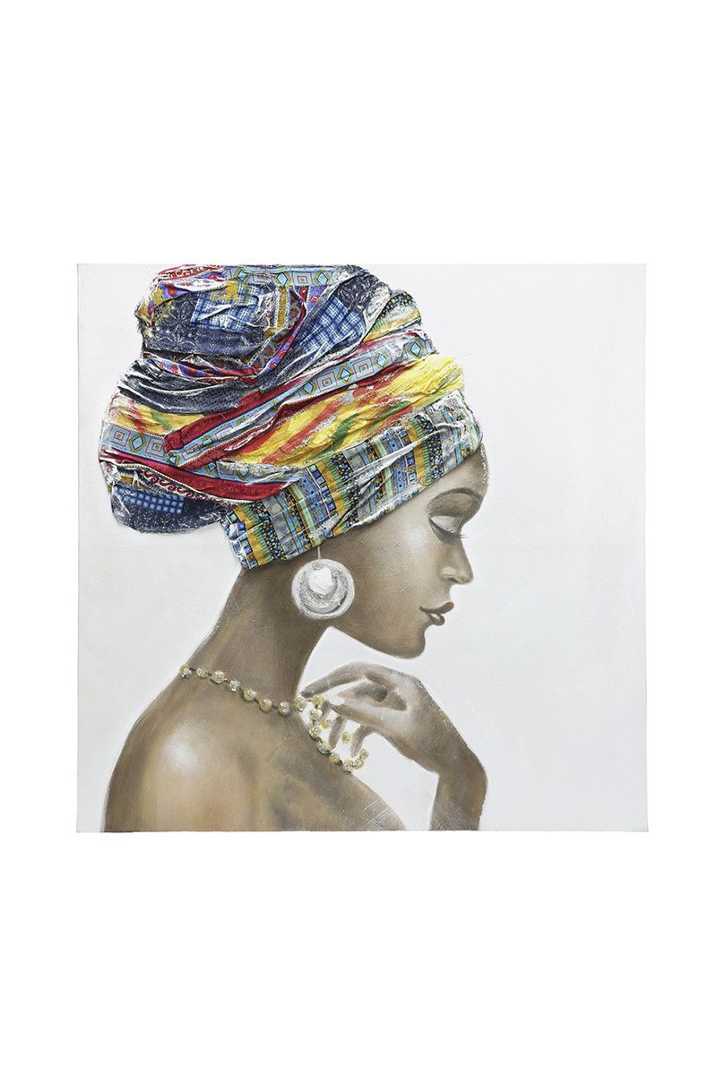 Bild Afrikanische Schönheit mit Textil Kopftuch handgemalt 100x100cm