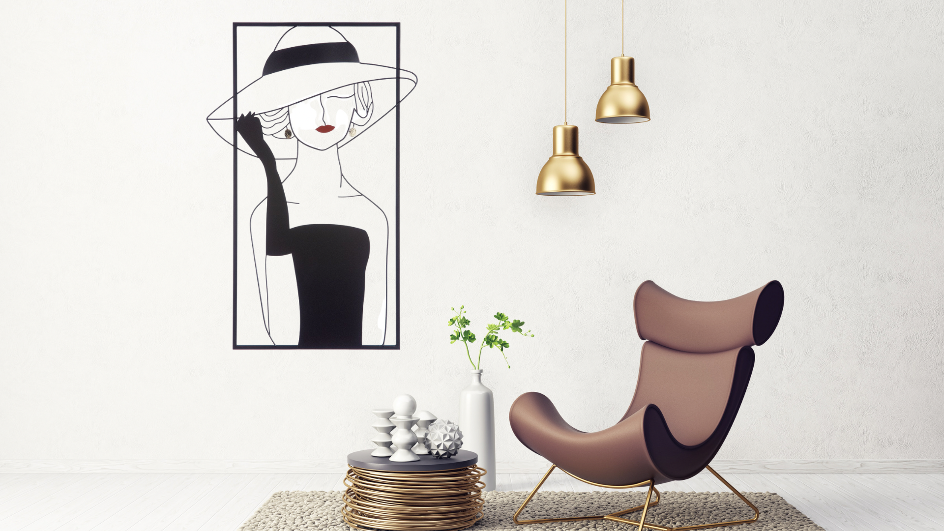 Wanddeko "Lady mit Hut" – Handgefertigte 3D Metallbild Wanddekoration