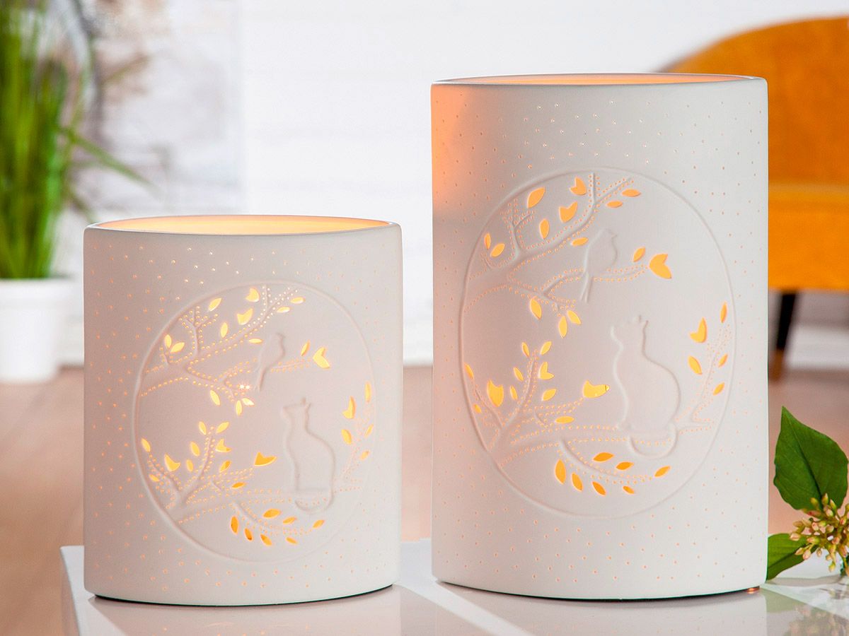 Porzell Lampe Ellipse Katze mit Vogel weiß einseitig geprickelt 28cm