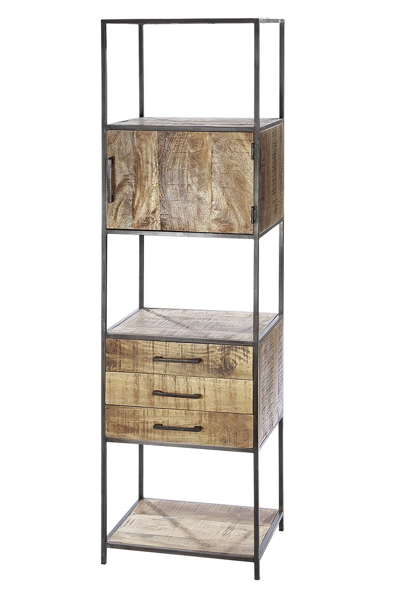 Hochwertiges Bücherregal aus Mangoholz mit Schubladen und Schranktür - Handgefertigt