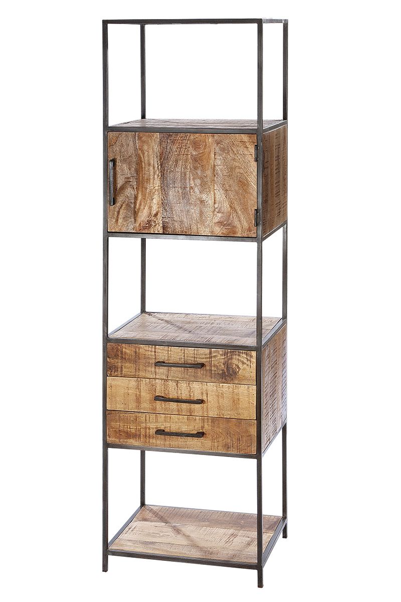 Hochwertiges Bücherregal aus Mangoholz mit Schubladen und Schranktür - Handgefertigt