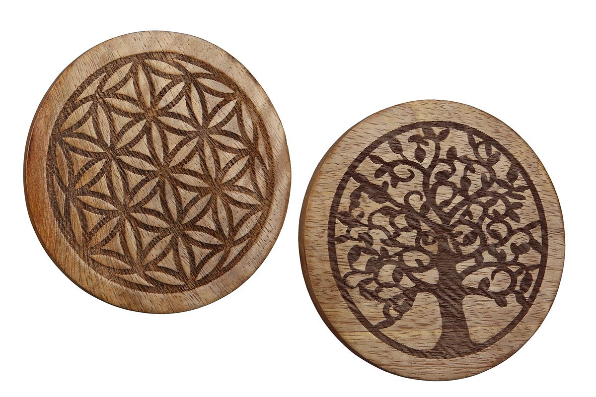 Holzuntersetzer "Lebensbaum/Lebensblume" aus Mangoholz - 8er Set - naturfarben - handgefertigt