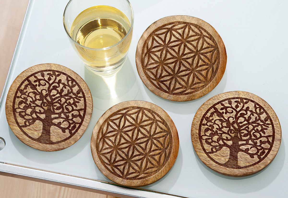 Holzuntersetzer "Lebensbaum/Lebensblume" aus Mangoholz - 8er Set - naturfarben - handgefertigt