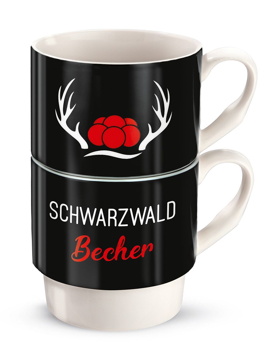 6er Set  Porzell 2tlg Stapeltasse Schwarzwald Becher weiß/blau/gelb in Geschenkverpackung 330ml