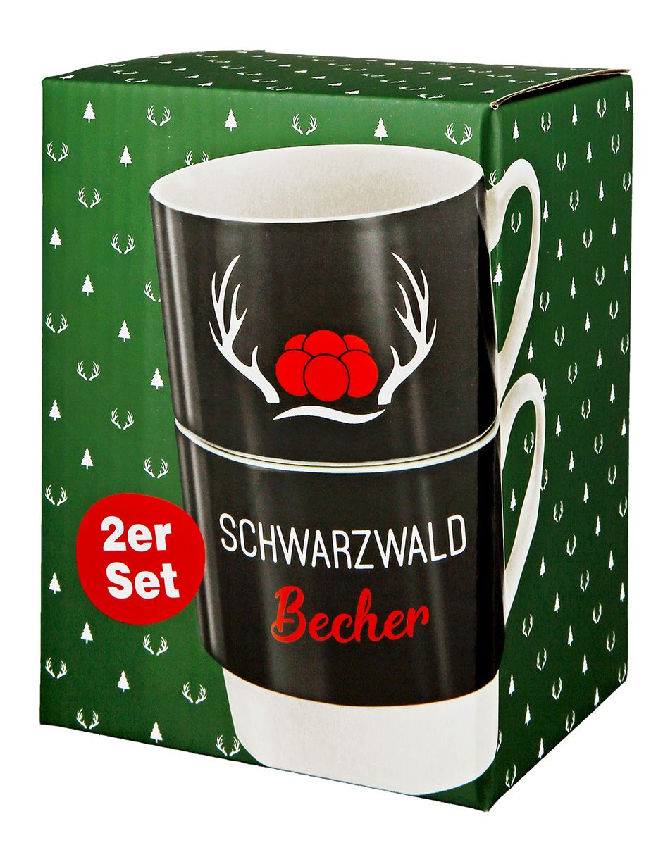 6er Set  Porzell 2tlg Stapeltasse Schwarzwald Becher weiß/blau/gelb in Geschenkverpackung 330ml