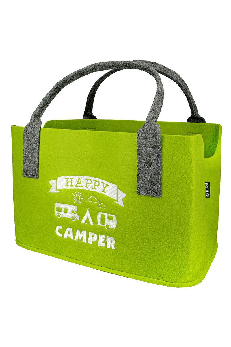 2er Set Filz Einkaufstasche Happy Camper schwarz dunkelgrau und hellgrün, mit besticktem Motiv