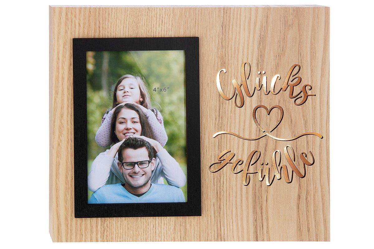 2er Set LED Fotorahmen Emozione in Naturfarben mit beleuchteten Schriftzügen "Glück ist, Jemanden wie dich zu haben." und "Glücksgefühle"