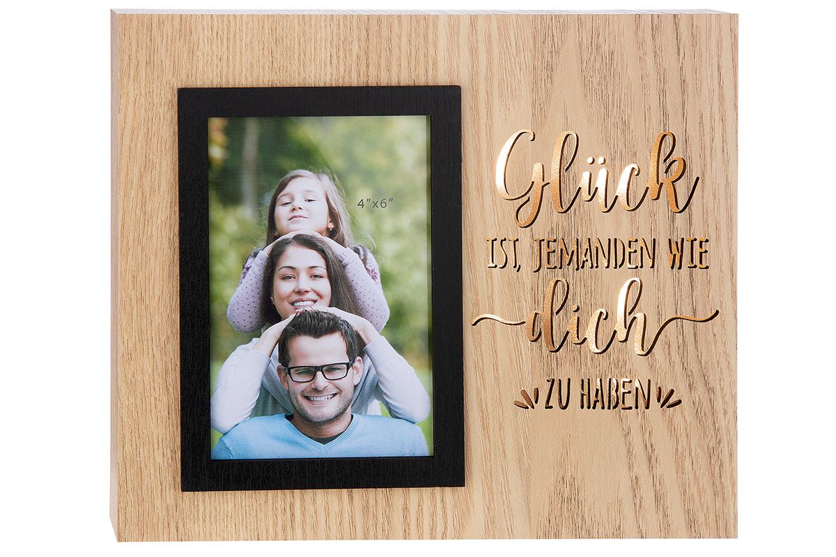 2er Set LED Fotorahmen Emozione in Naturfarben mit beleuchteten Schriftzügen "Glück ist, Jemanden wie dich zu haben." und "Glücksgefühle"