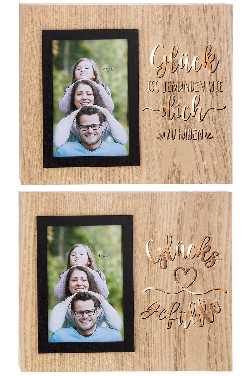 2er Set LED Fotorahmen Emozione in Naturfarben mit beleuchteten Schriftzügen "Glück ist, Jemanden wie dich zu haben." und "Glücksgefühle"