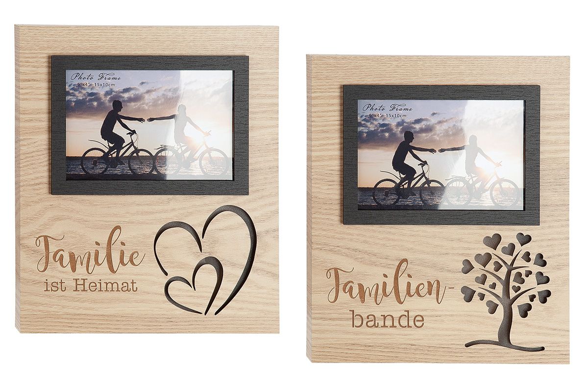 2er Set LED Fotorahmen Casato - Natürlicher Rahmen für Familienbande mit beleuchtetem Schriftzug