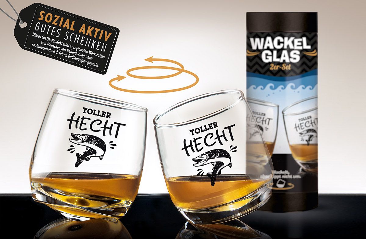 Set of 2 wobbly glasses "great pike" - original gift idea for anglers and friends - including cylinder box and banderole - socially active good gifts