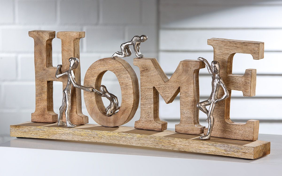 Holz Schriftzug HOME Mangoholz in naturfarben Figuren aus Aluminium