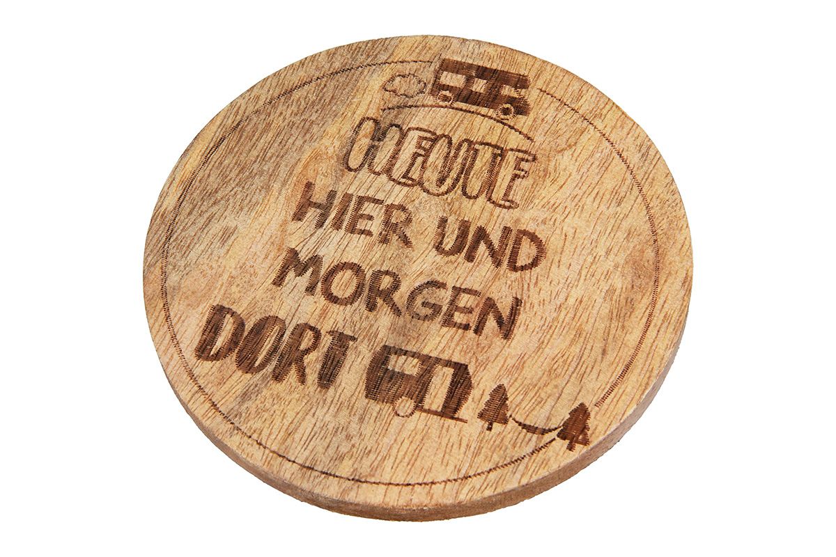 8tlg. Camping-Untersetzer mit Sprüchen - Set aus 4 runden Mangoholz-Untersetzern für den perfekten Camping-Genuss