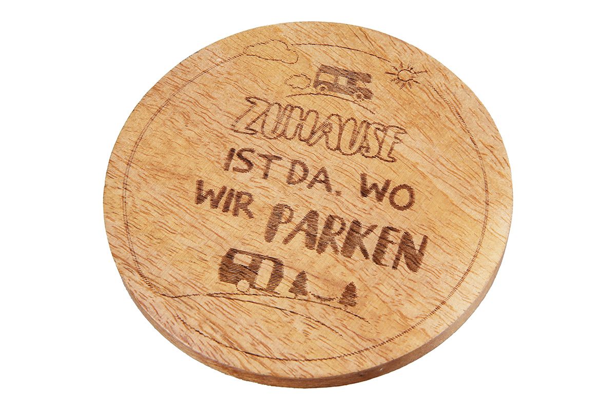 8tlg. Camping-Untersetzer mit Sprüchen - Set aus 4 runden Mangoholz-Untersetzern für den perfekten Camping-Genuss