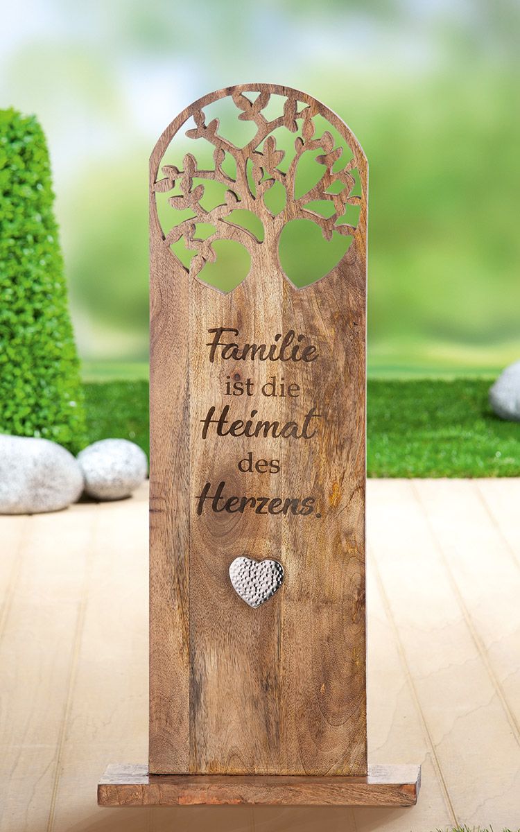 Lebensbaum mit Herz aus Mangoholz & Aluminium - Gilde Standrelief, Familienliebe & Zusammenhalt, 10x37x86 cm