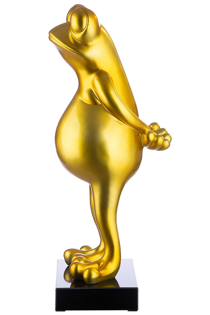 Poly sculpture Frog 'Frog' in gold colored metallic on a black marble base