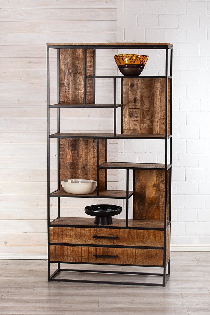 Metall Regal "Madrid" aus handgefertigtem Mangoholz - 2 Schubladen 7 Ablagen