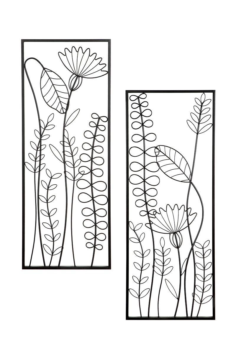 2 parts Metal wall relief vine leaves black height 91cm