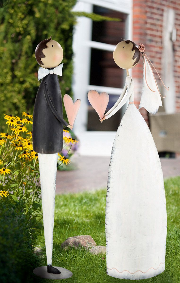 XL-formaat antieke metalen figuren bruid en bruidegom met hart handgemaakt hoogte 90cm