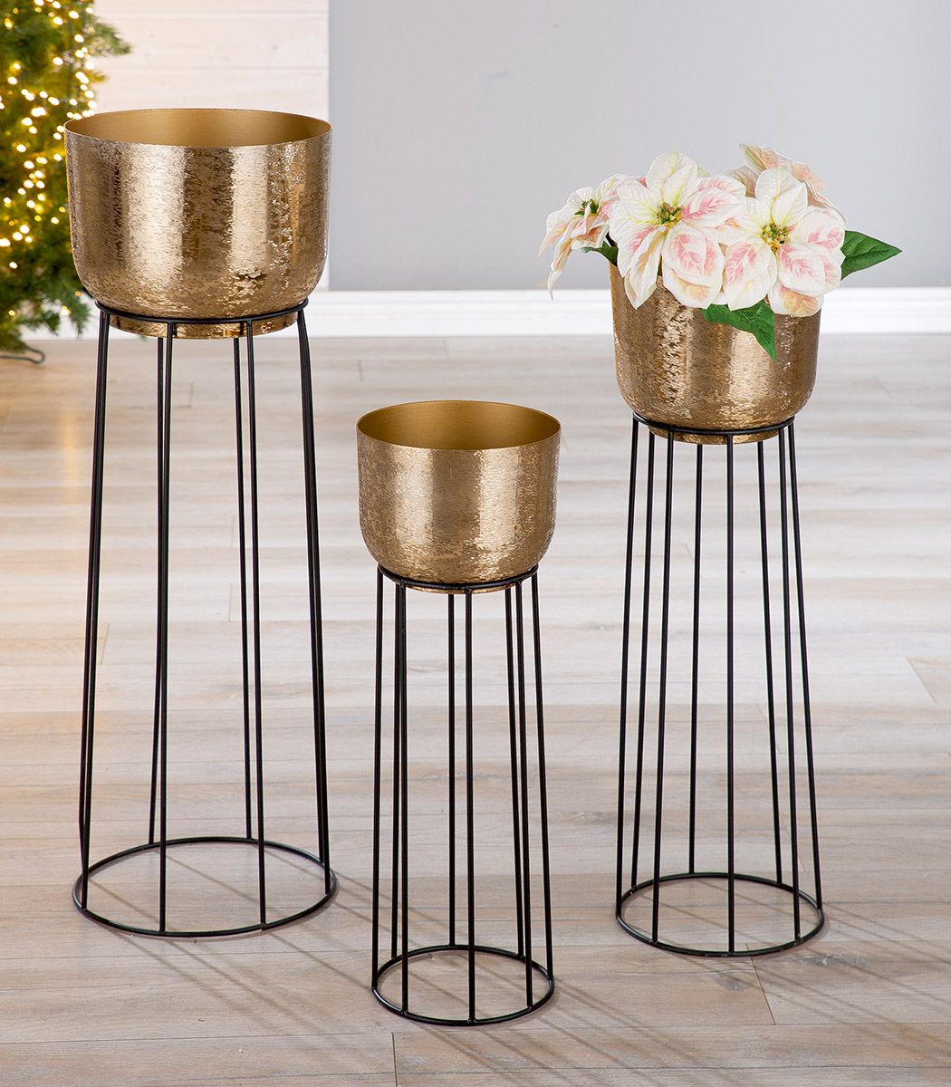 Alu Pflanzsäule Trento goldfarben mit Gestell aus Eisen Höhe 89cm