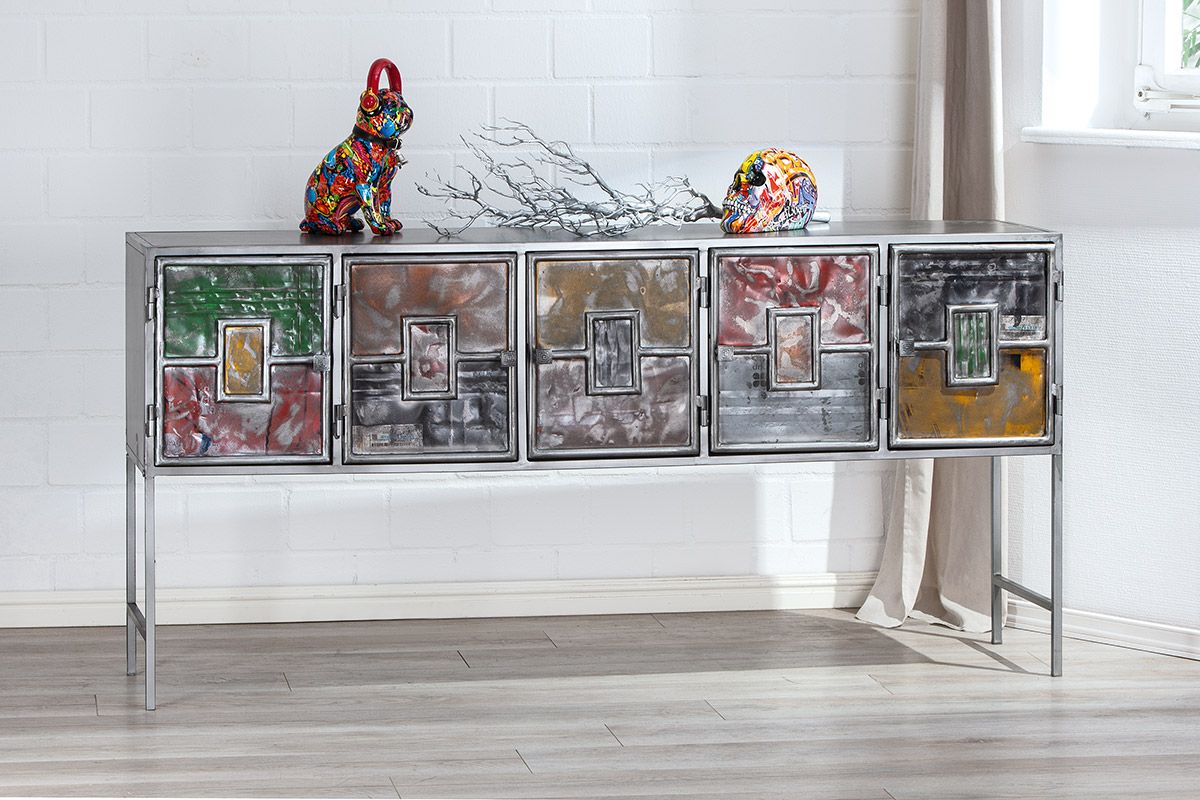 Handgefertigtes PopArt Sideboard aus Metall mit 5 bunten Fächern für modernes Wohnen