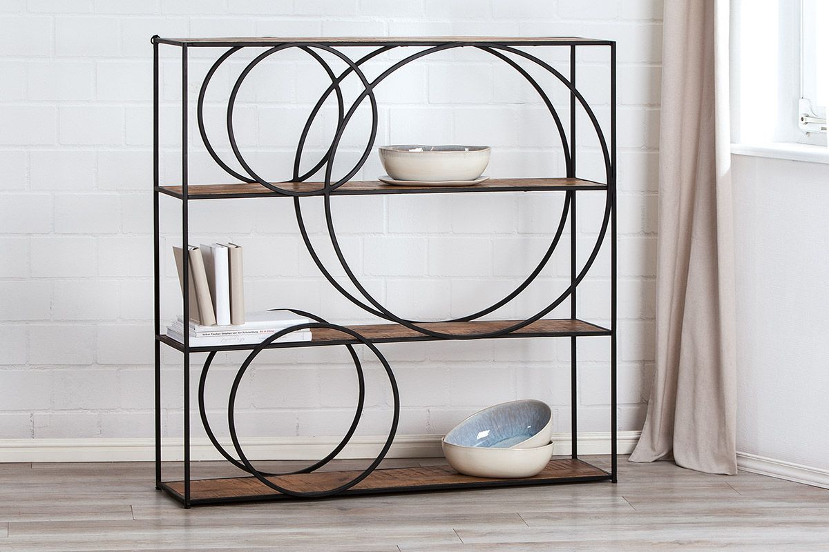 Metallregal Black Circle mit Mangoholzplatten - handgefertigt Höhe 120cm