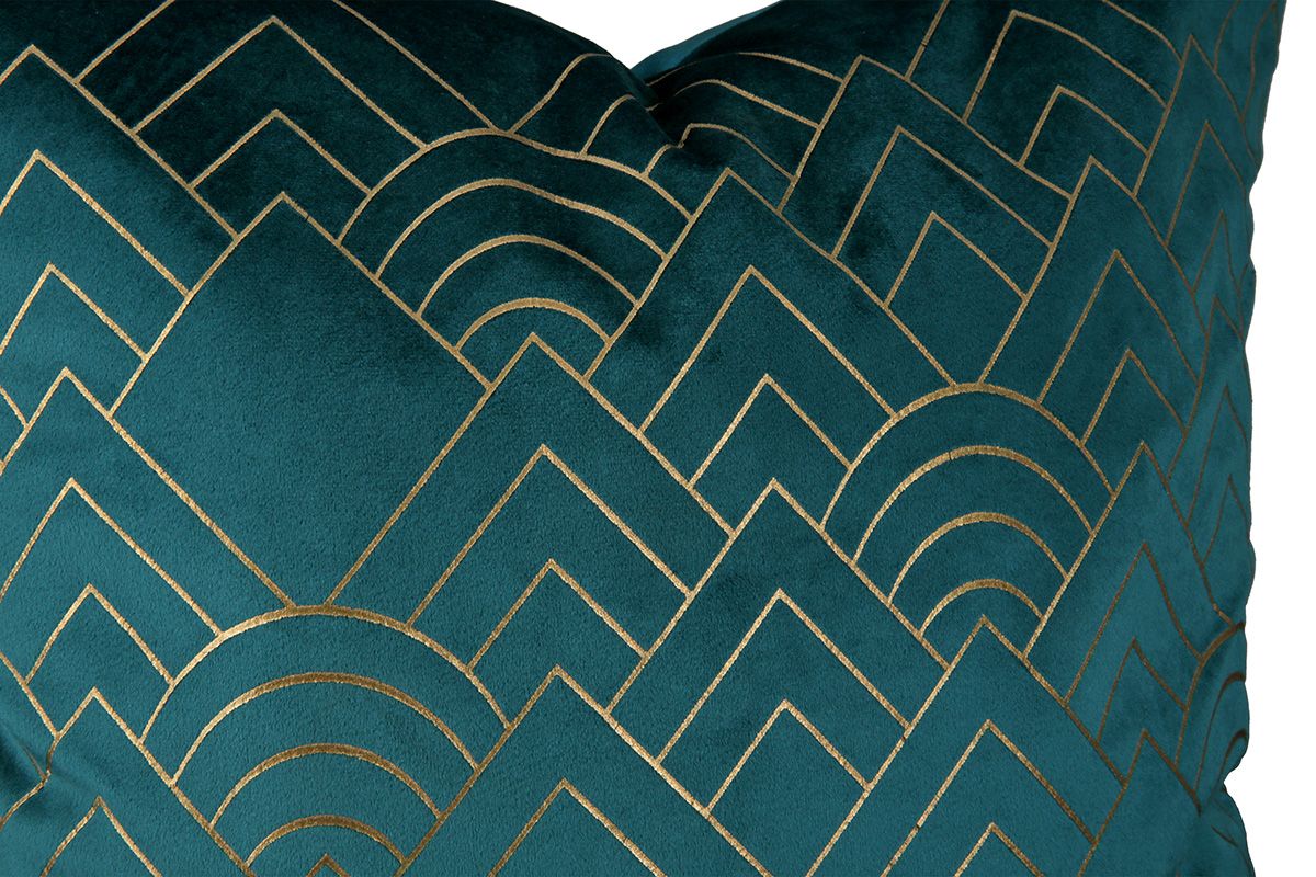 2er Stoff Kissen Jasper petrol mit goldfarbenem Design Samtbezug