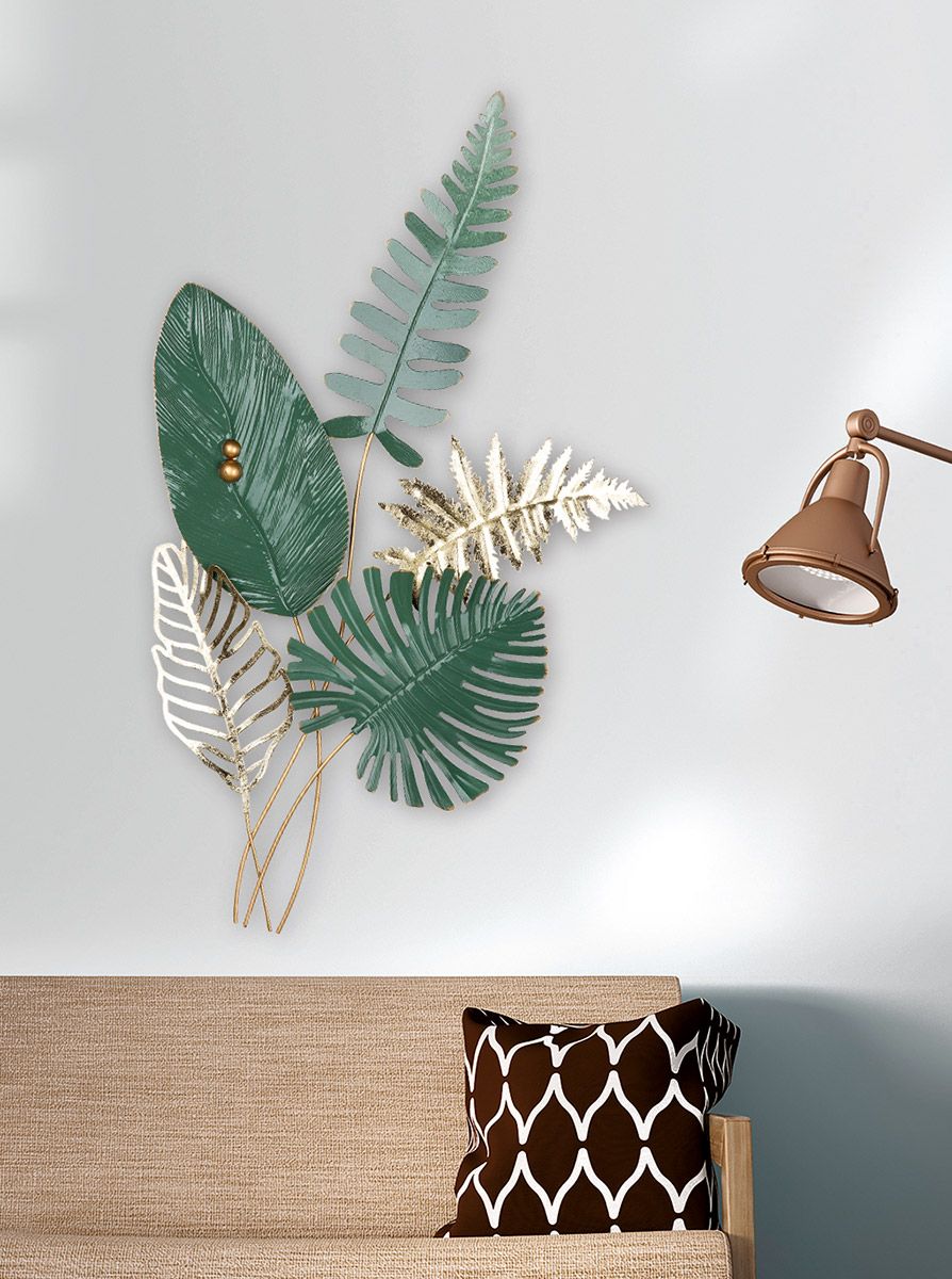 Wandrelief "Foglio" – Edles Metallrelief in Dunkelgrün mit Goldfarbenen Blättern