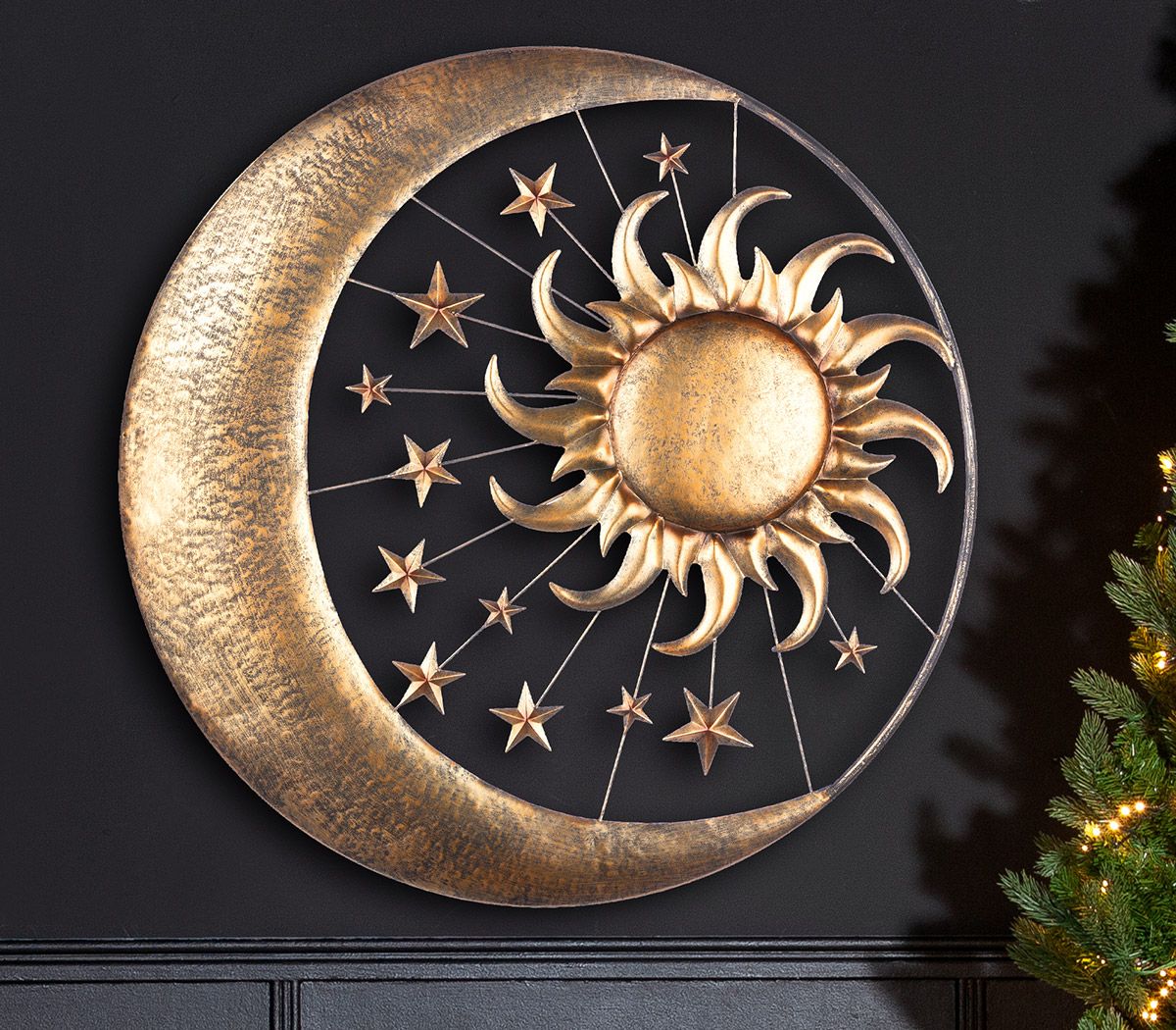 Metall Wandrelief 'Sonne, Mond und Sterne' in antik bronzefarbener Optik, Durchmesser 71 cm