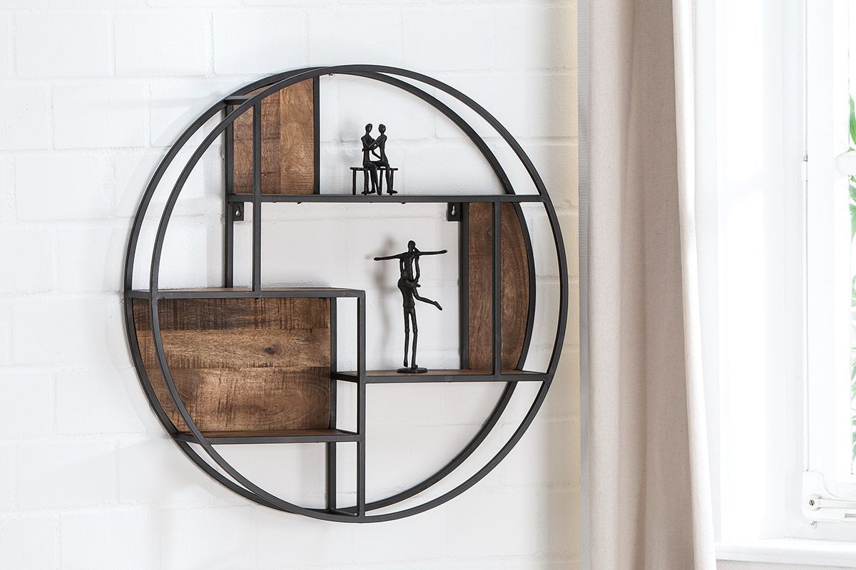 Rundes Wandregal aus Metall mit Mangoholz-Ablagefläche und Rückseite