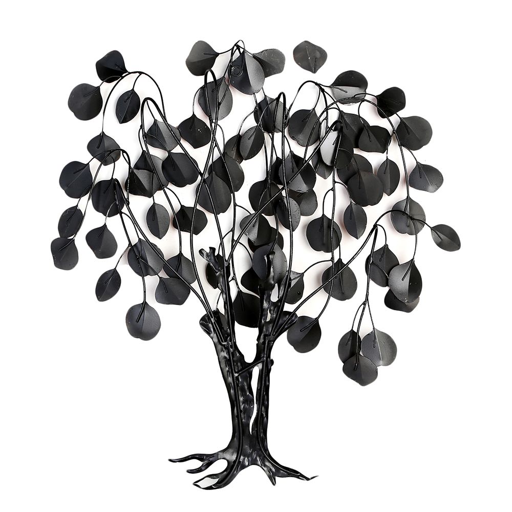 Love Tree Wandrelief - Handgefertigte Metalldekoration mit Blattobjekten in Rot, Grau und Silber