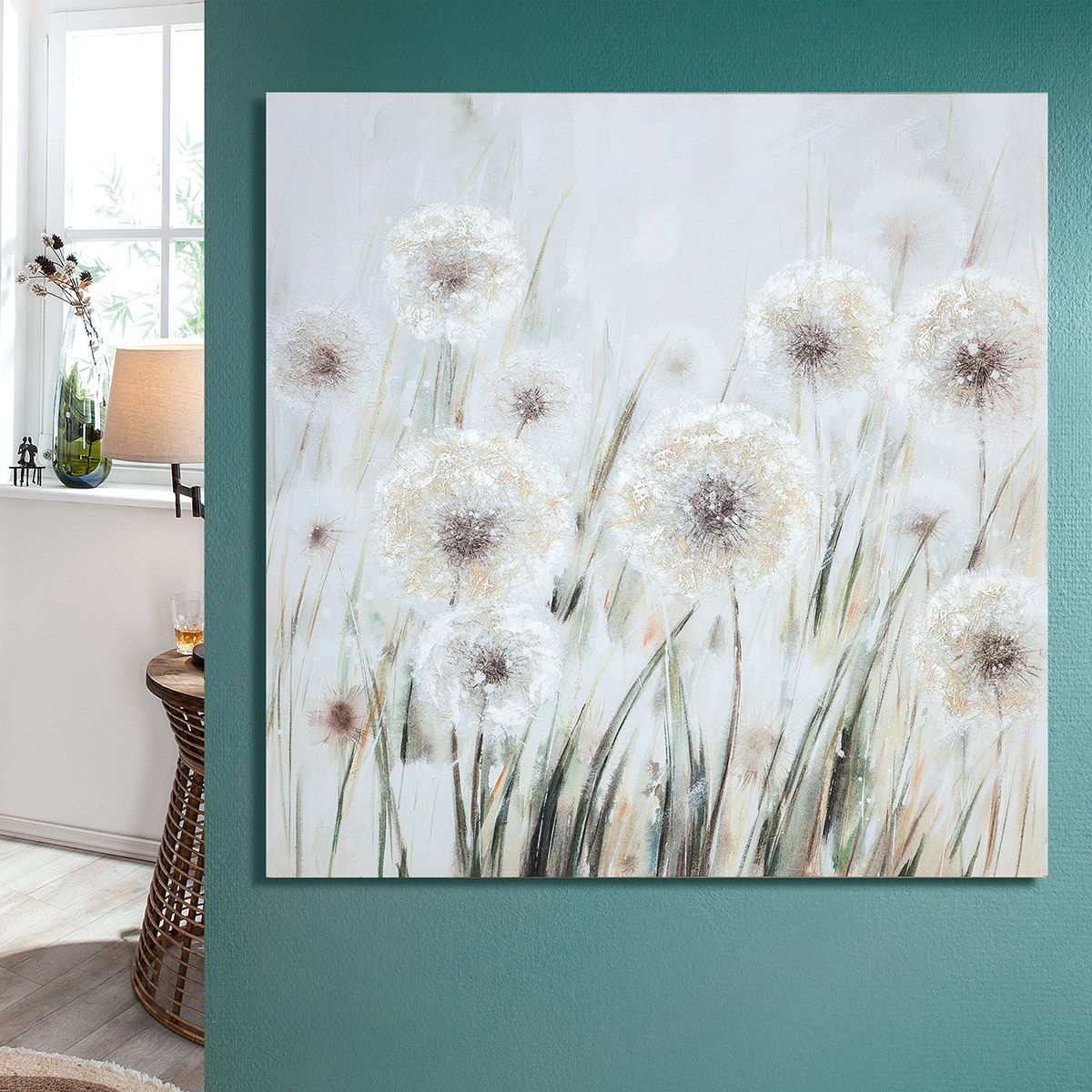 Pusteblumenwiese Leinwandbild Weiß Creme Grün 90x90cm Wanddeko