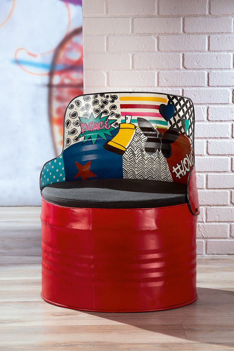 Sitztonne 'Street Art' blau oder rot Stuhl Hocker aus Metall Rückenlehne mit Graffiti-Design Sitzkissen Höhe 72cm